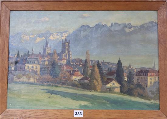 Continental School, oil on canvas board, View of an Alpine town, unsigned, 34 x 52cm